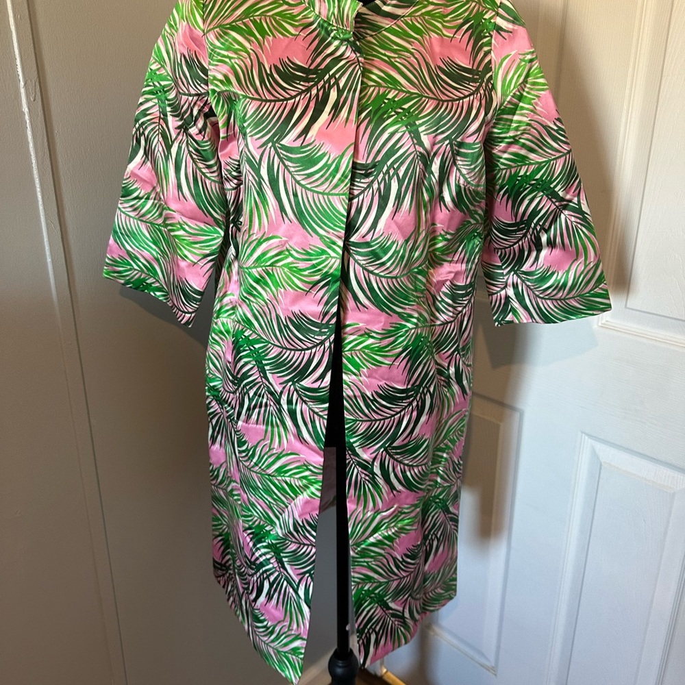 Manoush pink green leaf print jacket chain embroidered accents 3/4 sleeve size 6